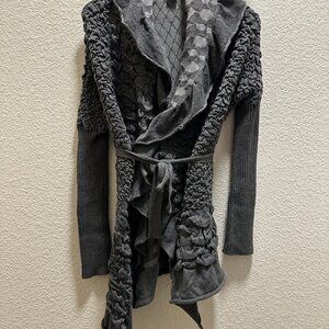 The Cue Women's Wool Blend Long Belted Cardigan Sweater Small Gray Ruffle